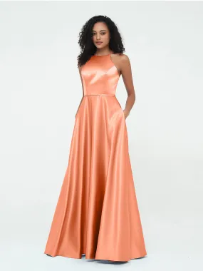 A-ligne Robes Maxi à Licou en Satin avec Poches Papaye Grande Taille