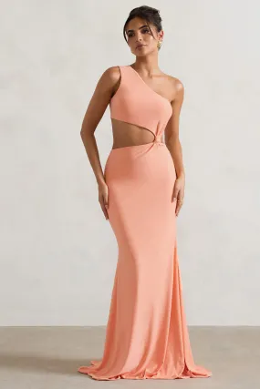 Aspyn | Robe longue corail asymétrique avec découpe torsadée et coupe sirène