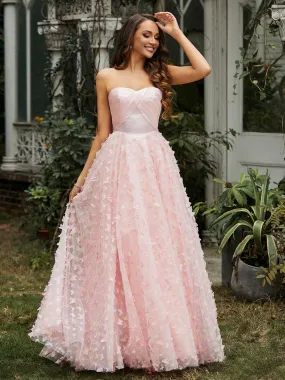Ball Gown Appliquée de Papillons à Col en Cœur Rose