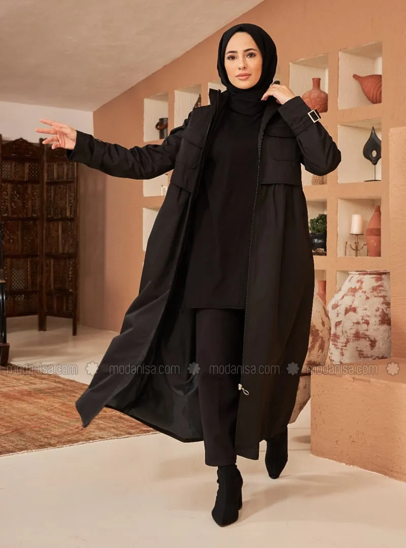 Black - Crew neck - Trench Coat