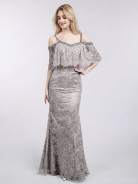Bretelle Spaghetti Sirène Dentelle Robe Argent