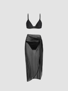 Ensemble bikini triangle uni à col en V avec paréo