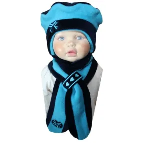ENSEMBLE FILLE BERET avec cordons et ECHARPE coordonnée - Velours et Polaire -Coloris bleu marine et turquoise