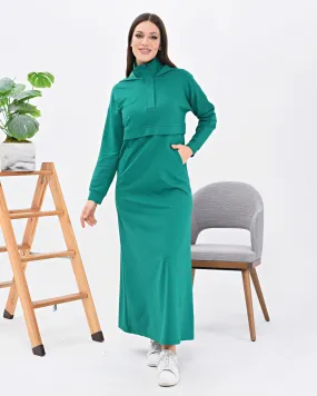 Green - Hooded collar - Unlined - Modest Dress