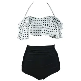 Maillot De Bain Vintage  Volant Blanc Pois Noirs