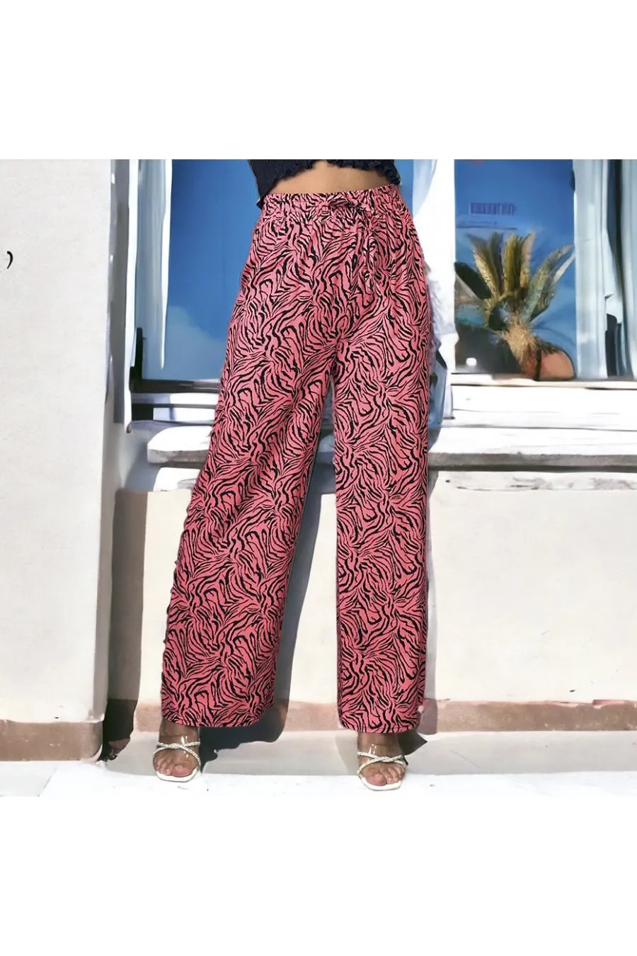 Pantalon palazzo fushia motif zèbre