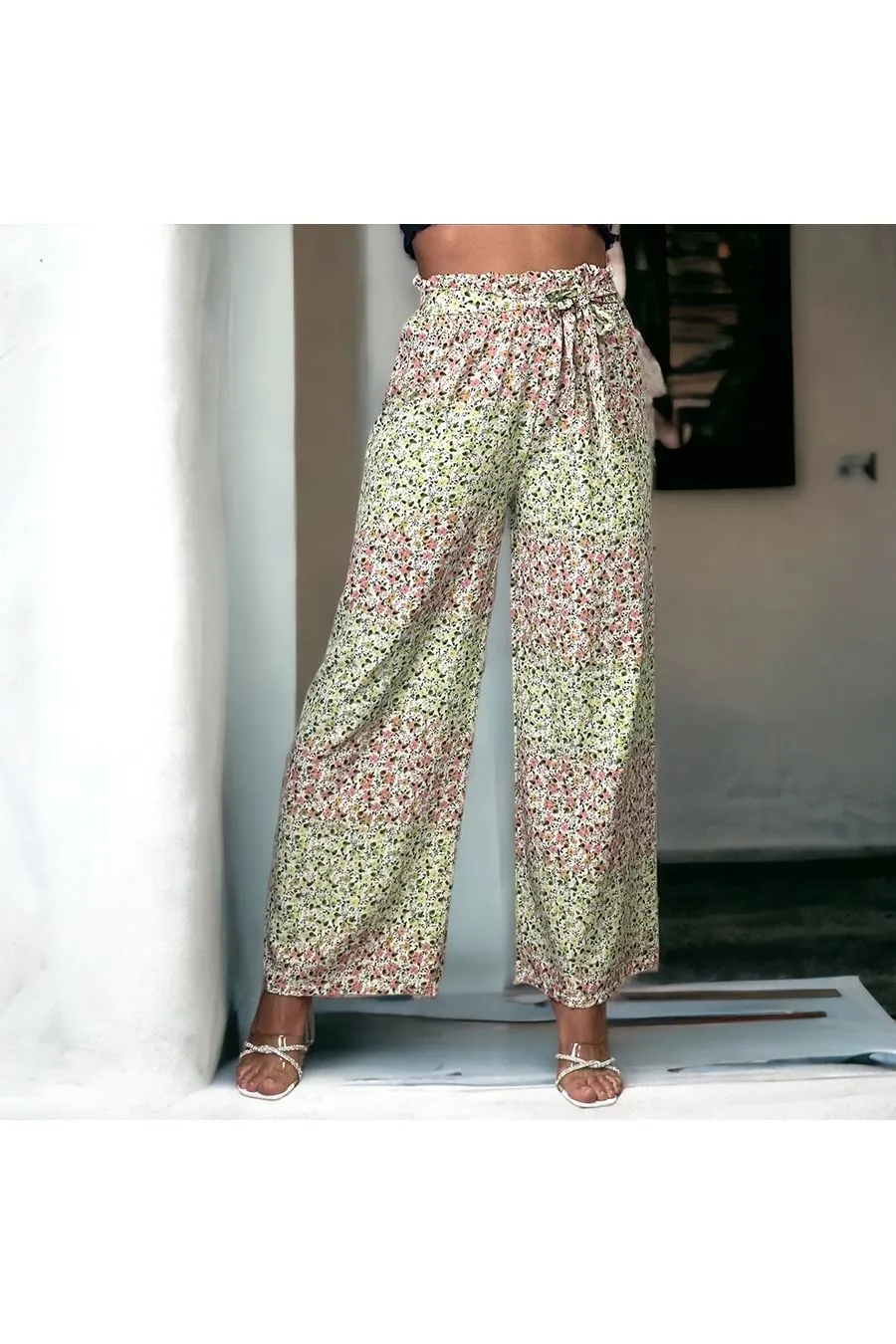Pantalon palazzo pistache motif fleuris  