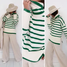 Pull col roulé marinière vert / écru