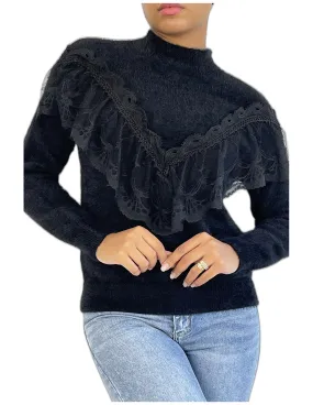 Pull noir tout doux à col montant et volant brodé style rétro