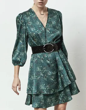 Robe courte col V manches longues imprimé floral bleu femme
