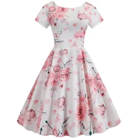 Robe Vintage Blanche à Fleurs Roses Trapèze 50's