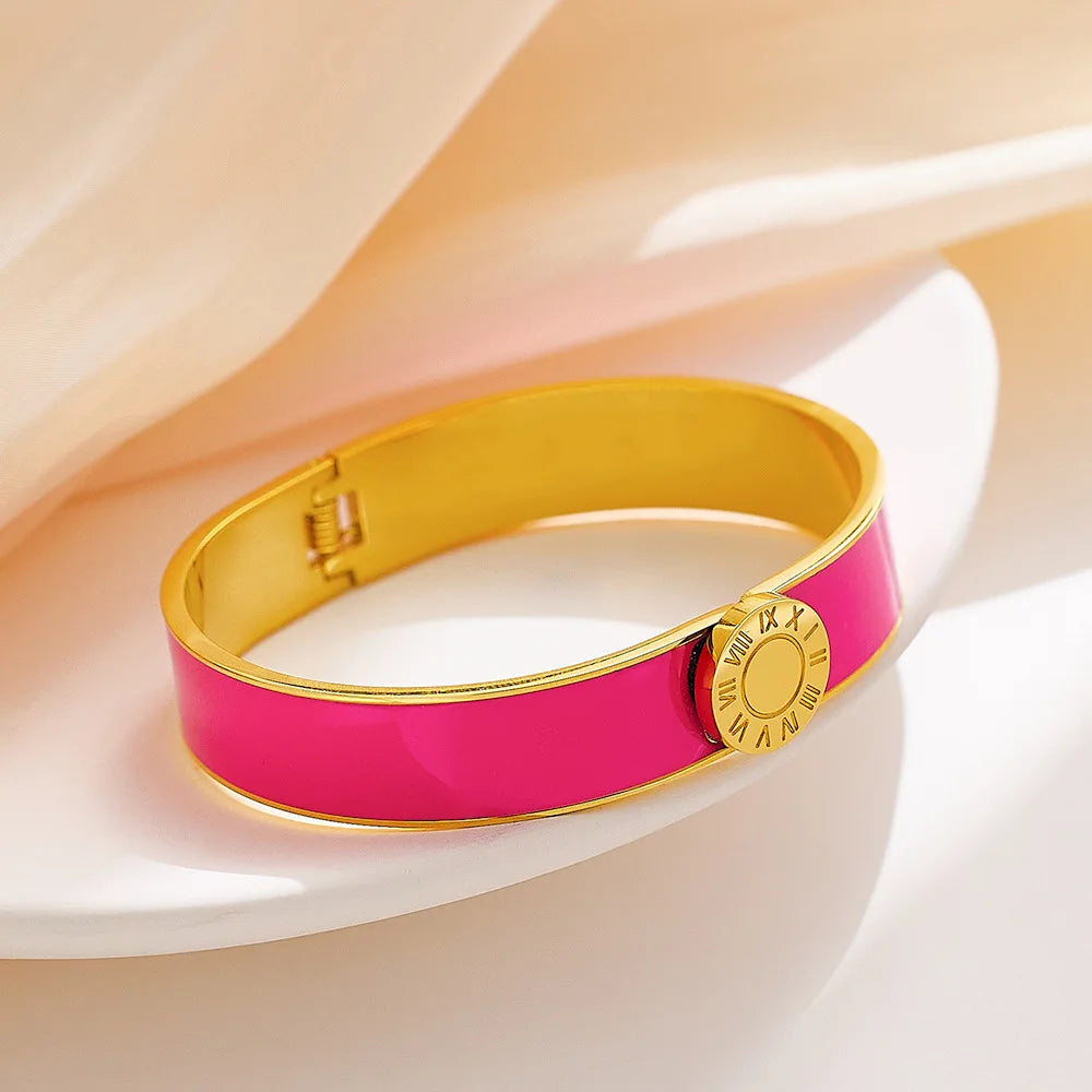 Superbe bracelet de luxe en acier titane et émail avec plaquette dorée et chiffres romains, plaqué or 18 carats, manchette étanc