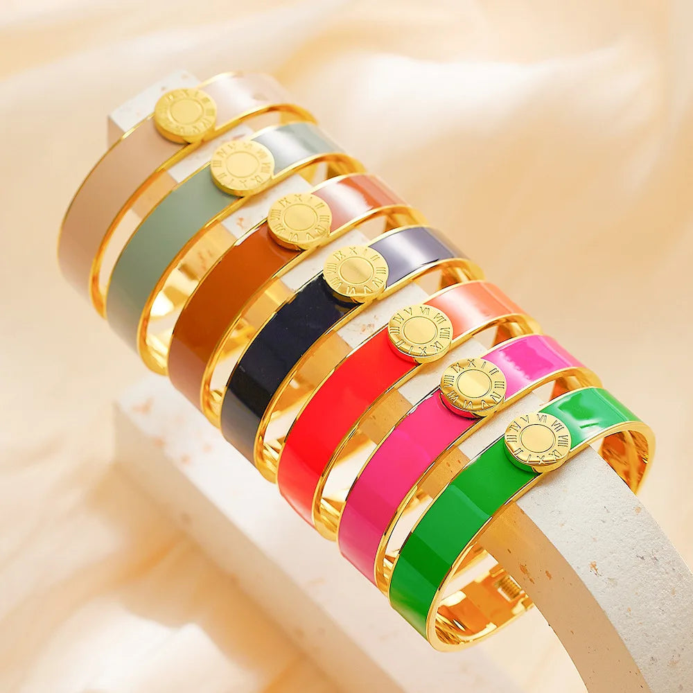 Superbe bracelet de luxe en acier titane et émail avec plaquette dorée et chiffres romains, plaqué or 18 carats, manchette étanc