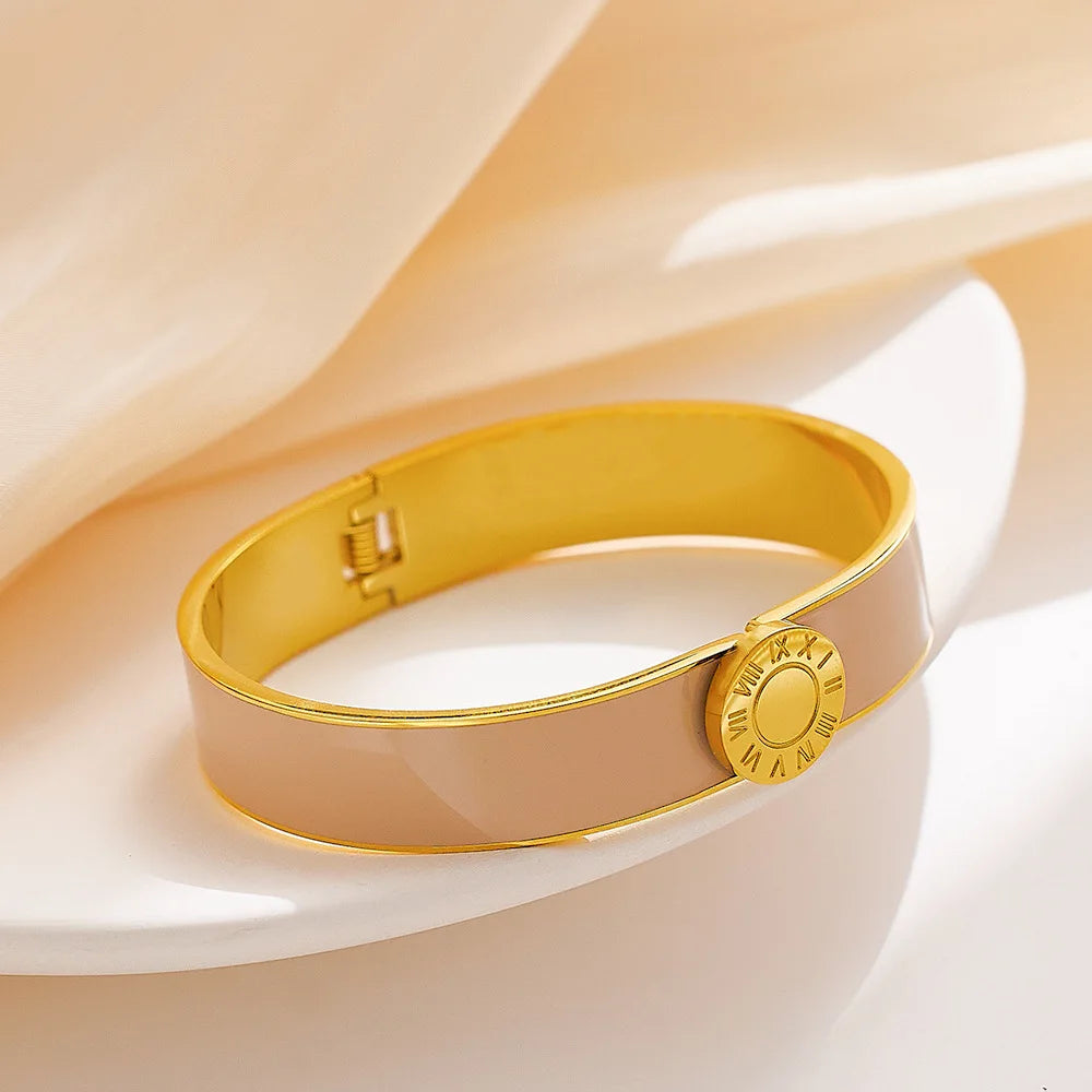 Superbe bracelet de luxe en acier titane et émail avec plaquette dorée et chiffres romains, plaqué or 18 carats, manchette étanc